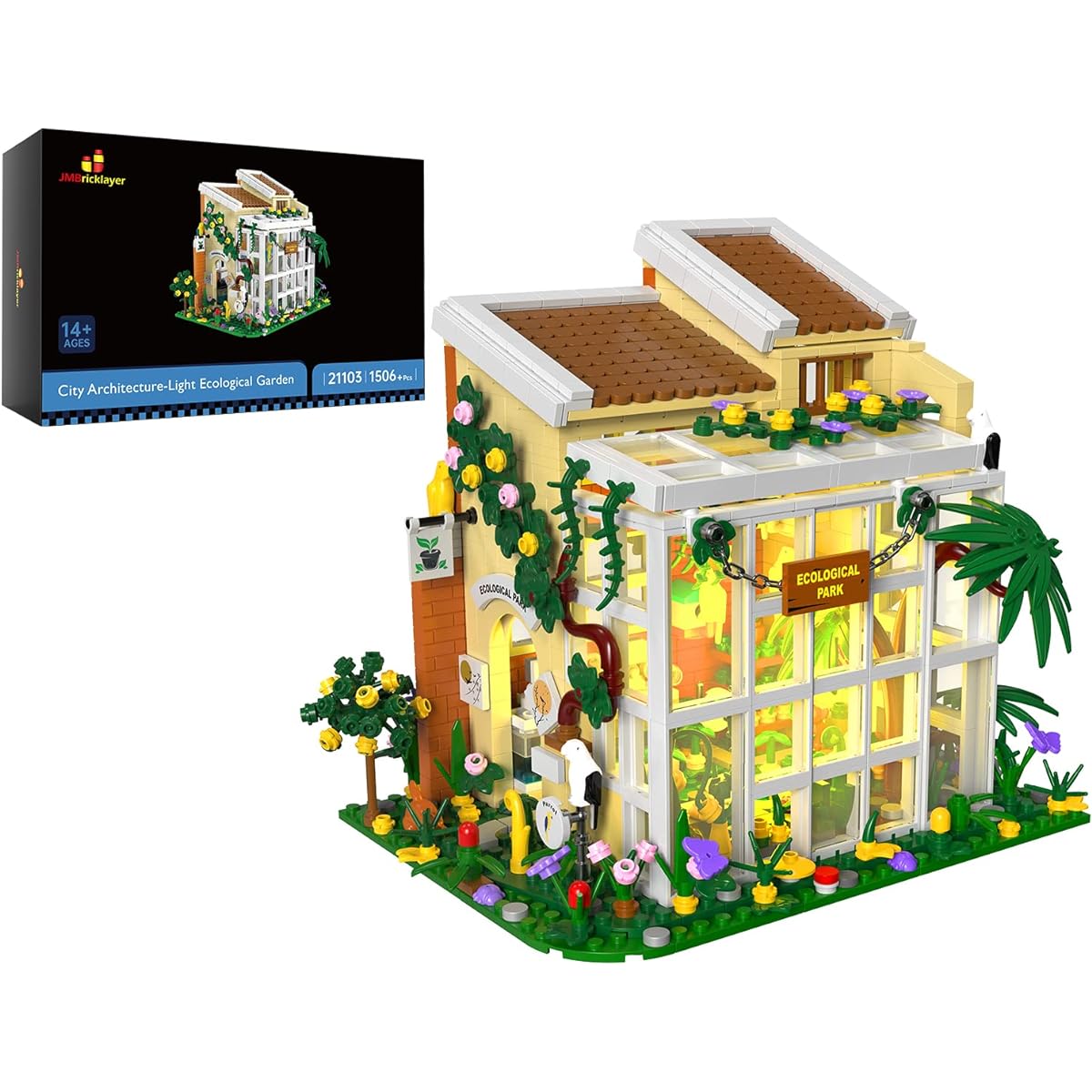 JMBricklayer Lighting Flower House Building Set Ecological Garden Model House Making Kit Greenhouse Display Modular Building Mini House Garden Room Decor Great Gift for Teens Adults (1506 Pieces)