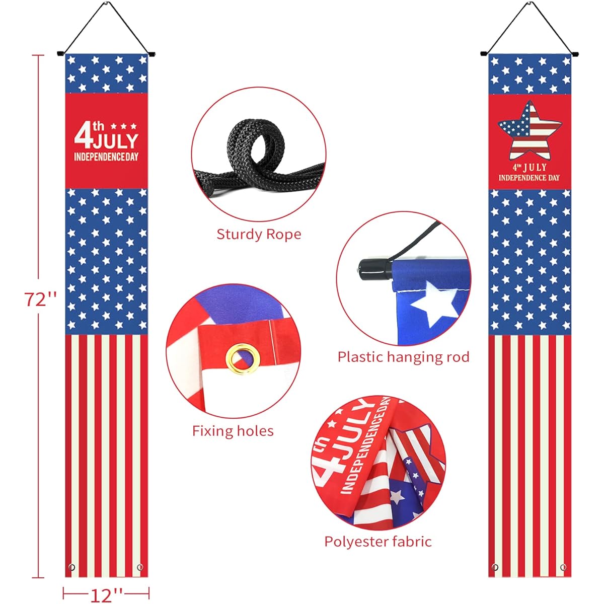 4th of July Banner Front Door Sign Patriotic Porch Banner American Flag Stars Hanging Flag Independence Day Home Yard Porch Garden Indoor Outdoor Party Wall Decor 12 x 72 Inch (A)
