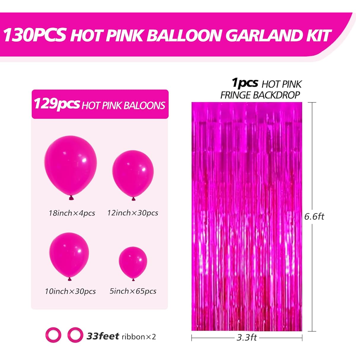FOTIOMRG 130pcs Hot Pink Balloon Garland Arch Kit, 18 12 10 5 inch Hot Pink Latex Balloons Different Size Pack for Birthday Baby Shower Bridal Shower Wedding Bachelorette Barbie Party Decorations with Fringe Backdrop