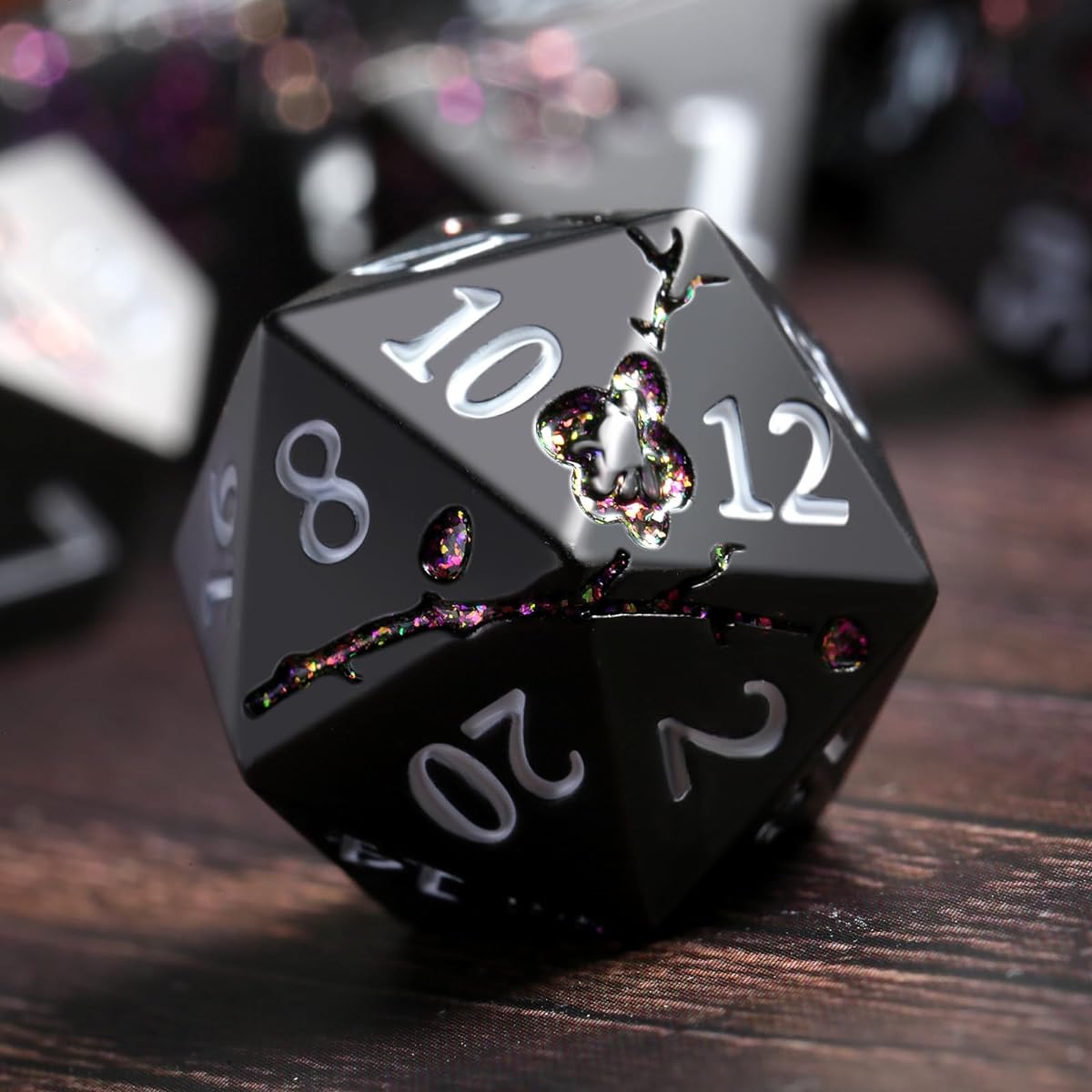 DNDND Glitter Purple Metal D&D Dice 7 Pieces Flower Metallic DND Dice Set with Giant Gift Case for Dungeons and Dragons Tabletop Game (Matte Black Glitter Purple Flower)