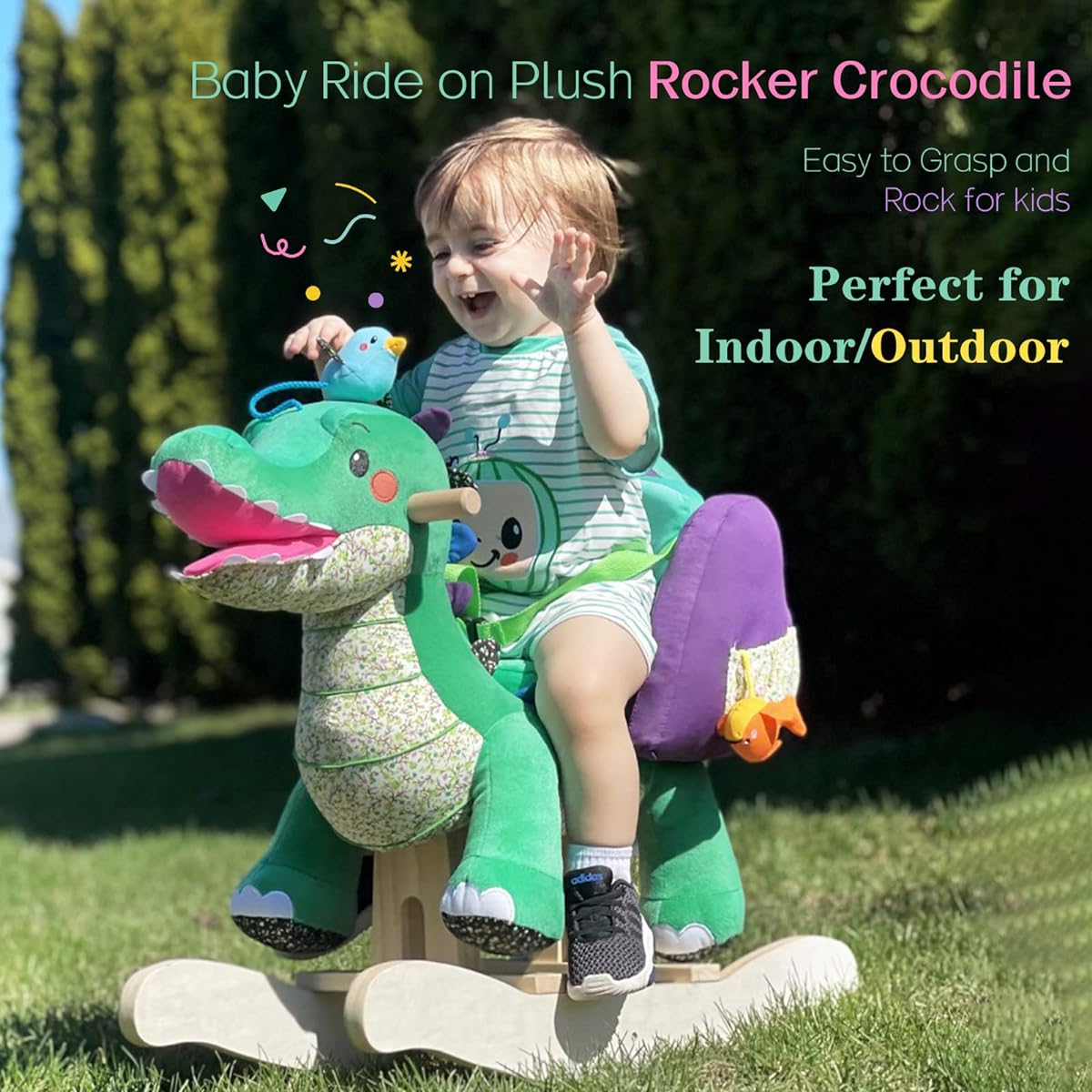 Labebe Kids Rocking Horse, Kids Wooden Horse, Ride-on Toy, Soft Seat - Green Crocodile