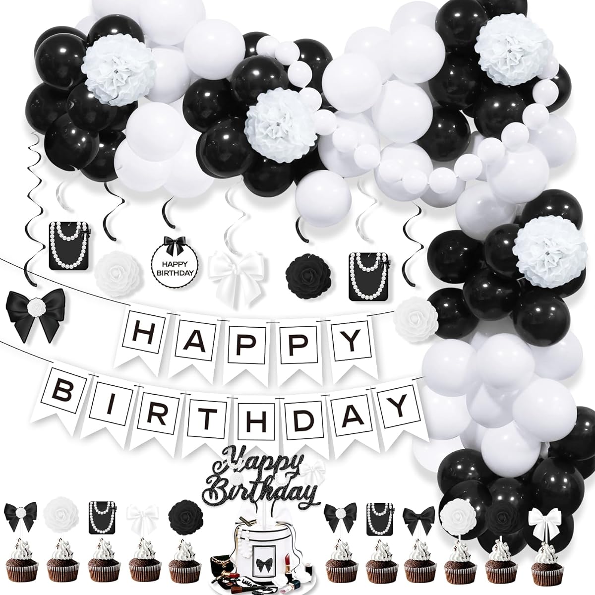 Black and White Birthday Party Decorations for Women Men Black and White Balloon Garland Arch Happy Birthday Banner Hanging Swirls Cake Topper 21st 30th 40th 50th 60th Birthday Decorations