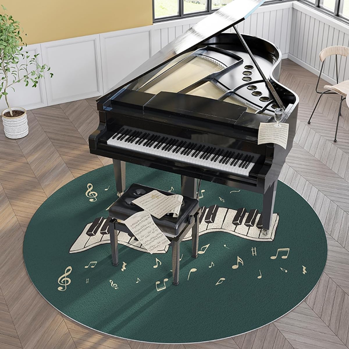 Round mat, piano soundproof carpet, piano key pattern, electronic piano dedicated mat, soundproof floor mat, rug, wool, short pile, rug, soft, easy to clean, light, non-slip, anti-shock, soundproofing, mold-proof, hand washable, modern, drum, 200cm