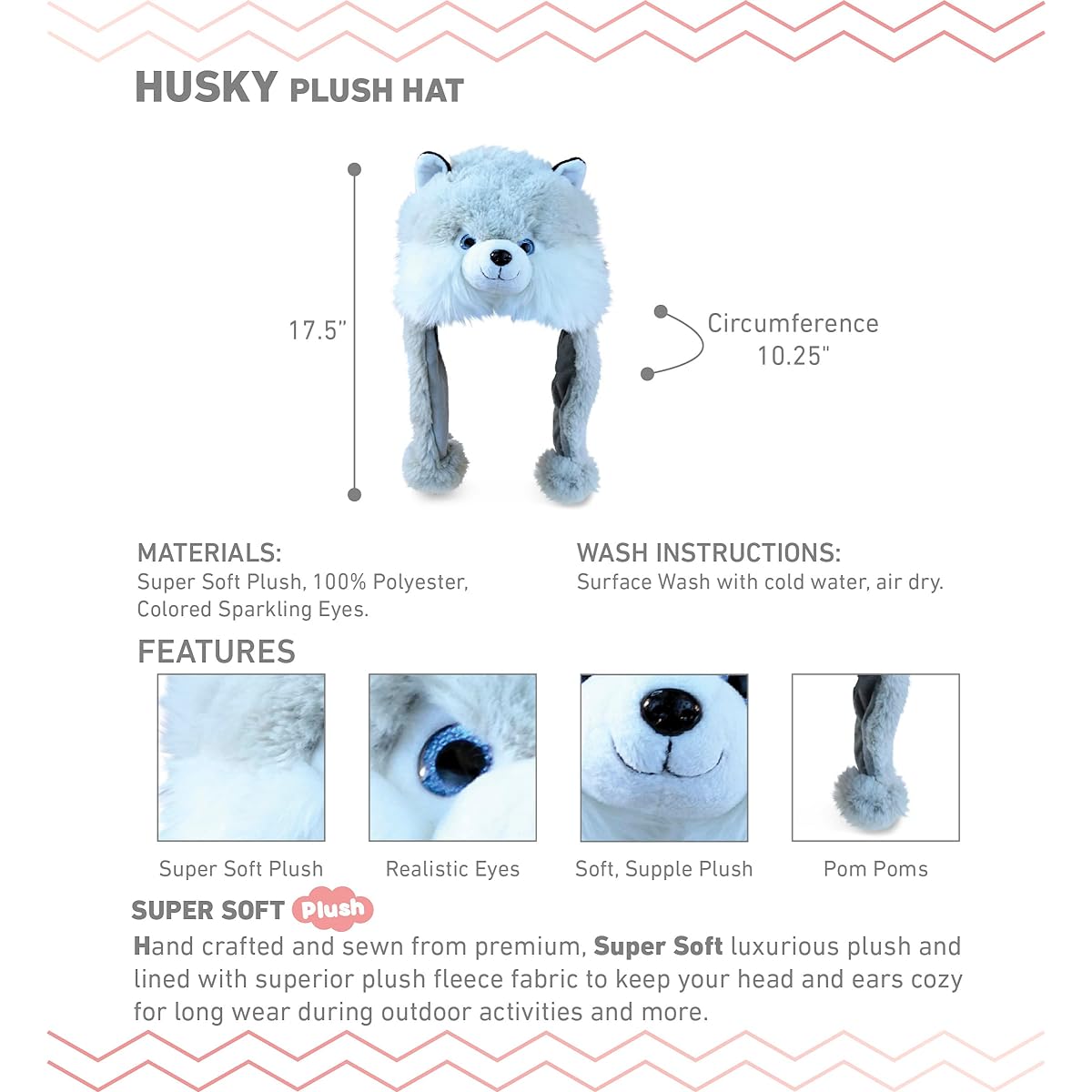 DolliBu Plush Hat - Super Soft Warm Hat with Ear Flaps, Funny Toy Hat, Cozy Fleece Winter Hat for Kids & Teens - One Size, Gray Husky, One Size