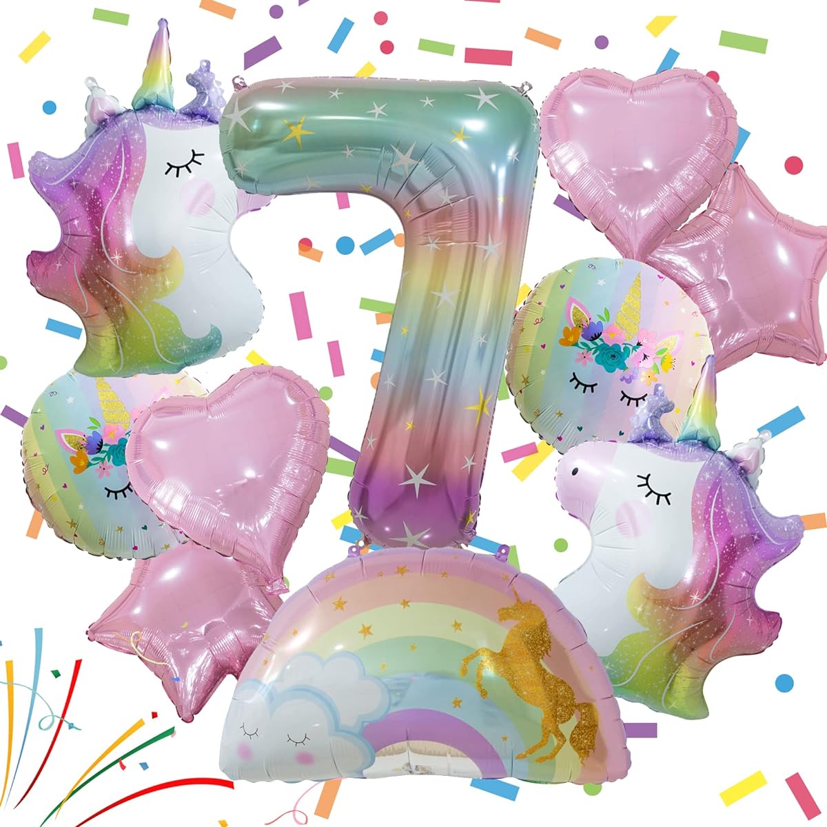 Unicorn Balloons Unicorn Birthday Party Decorations with Hearts Stars Rainbow Balloons for Wedding Baby Shower Unicorn Party Supplies (Number 7)