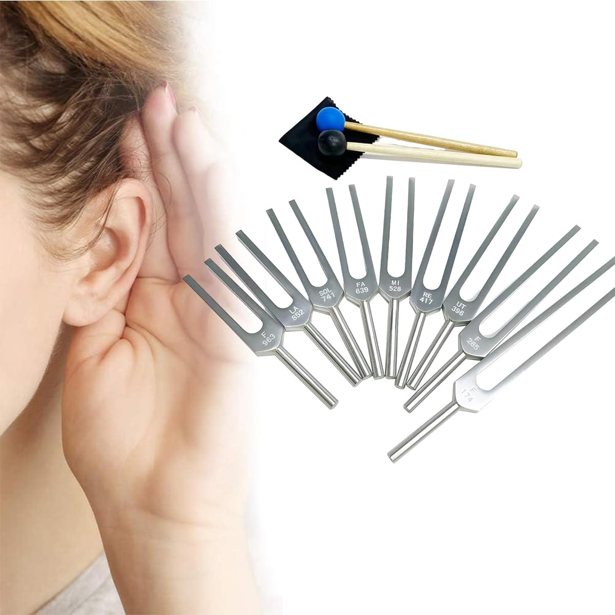 Solfeggio Tuning Fork Set BEAUTI4U Solfeggio Healing Tuning Fork 174Hz 285Hz 396Hz 417Hz 528Hz 639Hz 741Hz 852Hz 963Hz Tuning Fork with Silicone Hammer and Bag (Silver)