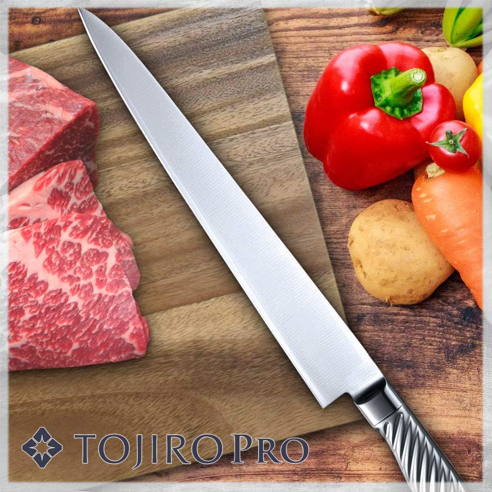 Tojiro Sujihiki 240mm Made in Japan Cobalt Alloy Steel Double Edge Cuts chunks of meat along the sinews The handle has a tornado pattern that is easy to grip All stainless steel TOJIRO PRO DP Cobalt Alloy Steel Cut F-886