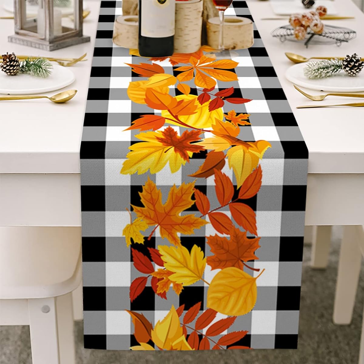 SCECALA Fall Table Runner 13 x 72 Inch Black and White Checkered Fall Maple Leaf Thanksgiving Table Runner for Indoor/Outdoor/Kitchen/Dining Room/Holiday Party/Home Decoration
