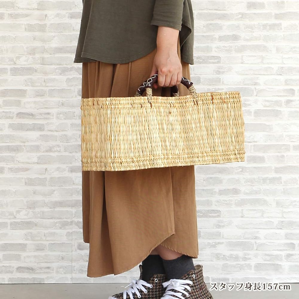 Matsunoya Basket Straw Leather Hand Horizontal Basket L Size