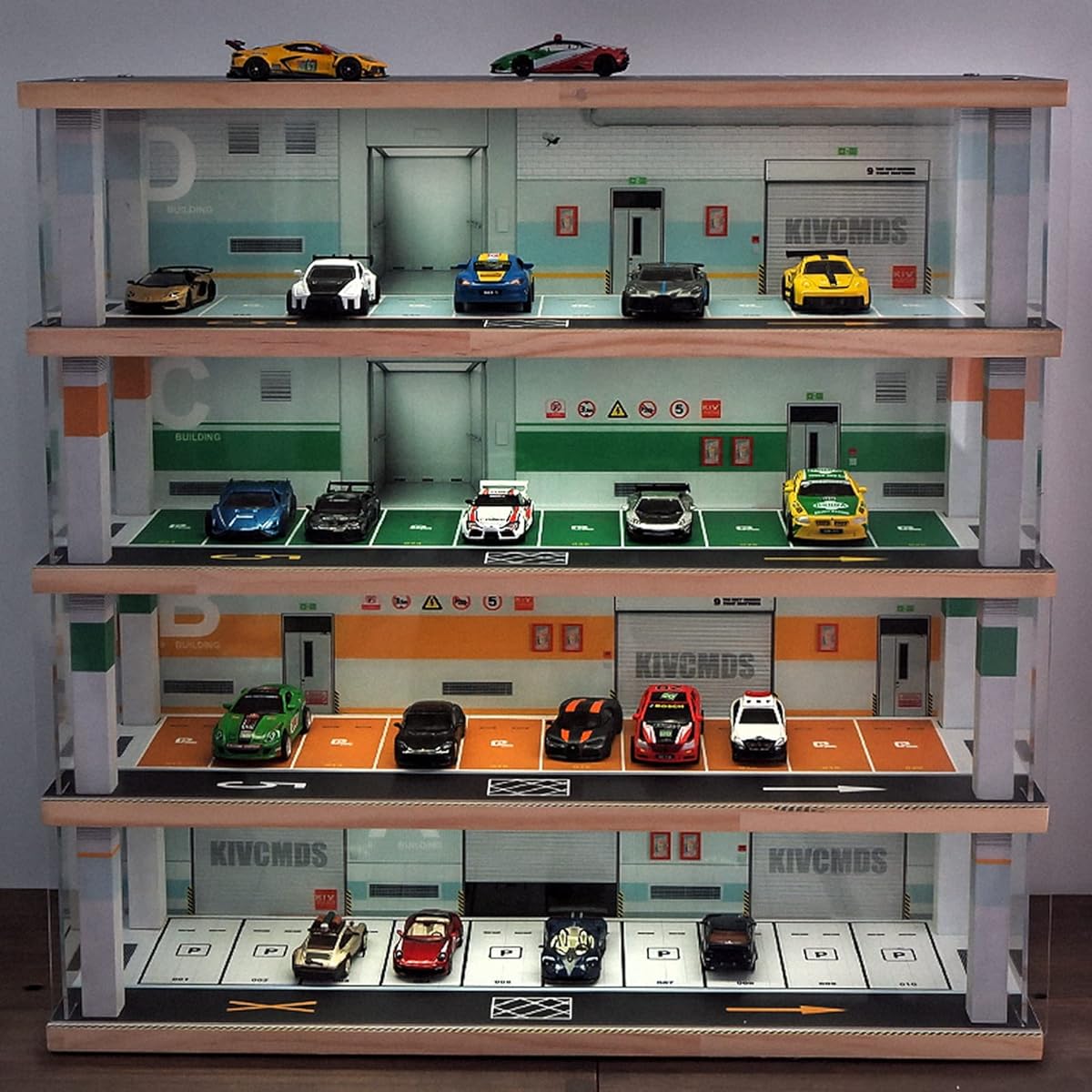 kivcmds 1:64 Scale Alloy Car Model Display Case Suitable for collecting hot wheels and diecast cars Lighted Scene Parking Lot 40th Floor Parking Space (Underground Garage Scene)