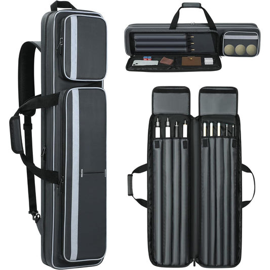 Pool Cue Case 4x5 Inch Pool Cue Carrying Case Soft Padded Billiard Stick Bag with Multi Pockets for 4 Butts and 5 Shafts Pool Stick Case with Shoulder Strap & Handle for Billiard Cues, Grey