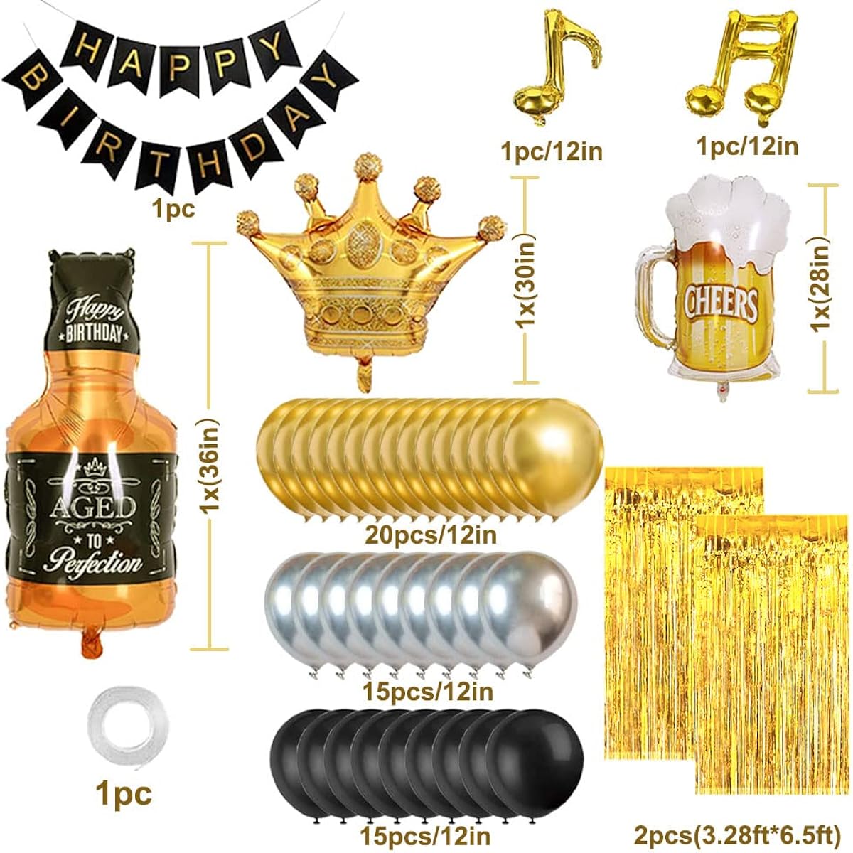 Black&Gold Birthday Party Decorations for Men Happy Birthday Balloons with Banner Foil Balloons Fringe Curtain Crown Beer Balloons for 18/30/40/50/60/70