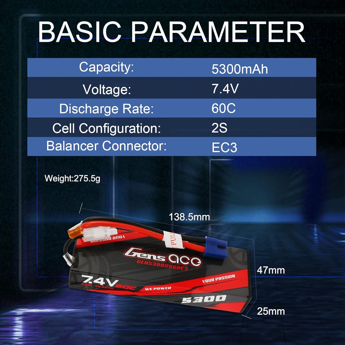 Gens ace 2S Lipo Battery 7.4V 5300mAh 60C Lipo Battery Pack 24# with EC3 Plug and Deans Adapter for RC Car