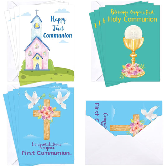 12 Holy First Communion Cards with Envelope Inside and Sacramental Message 5x7 Inches