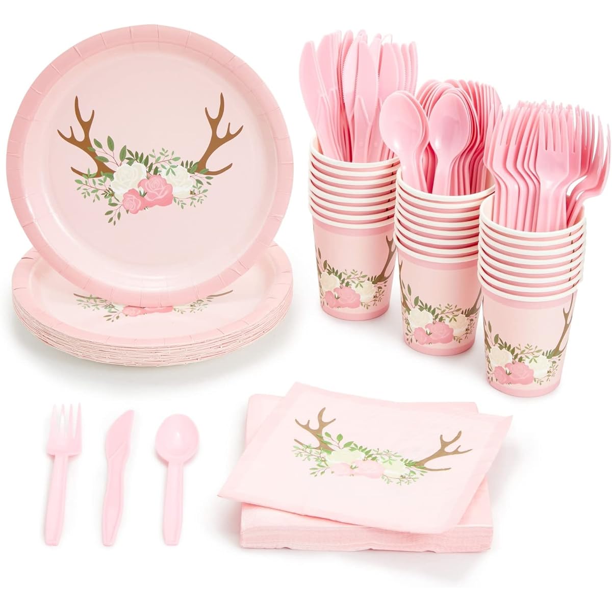Oh Deer Party Supplies for Girls Baby Shower Floral Plates, Napkins, Cups, Cutlery (24 Guests, 144 Pieces)