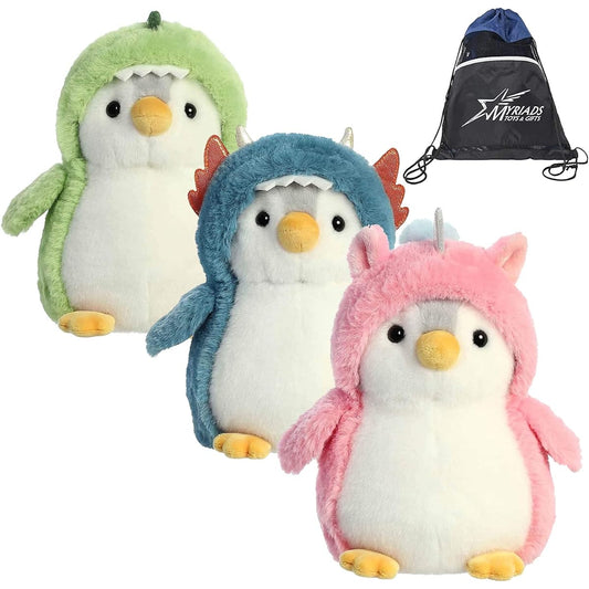 Aurora Pom Pom Penguin Plush Toy Set of 3 Pom Pom Dinosaur Pom Pom Dragon Pom Pom Unicorn