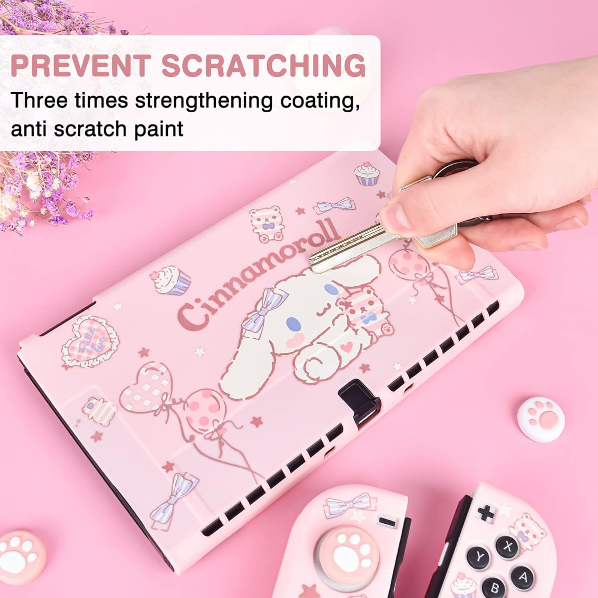 DLseego Cute Dog Switch OLED Protective Case Silicone Soft Cover Shockproof Pink Skin Joy Con Shell 4 Pieces Cat Claw Thumb Grip Cap