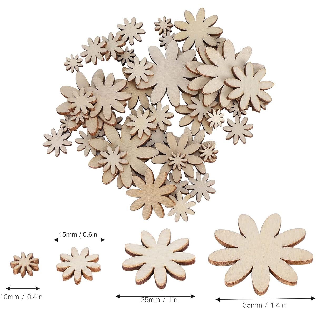 Pssopp 250pcs Flower Shapes Unfinished Wooden Flower Slices Wooden Flowers Wooden Cutouts Mixed Sizes for Christmas Wedding Party DIY Craft Decoration