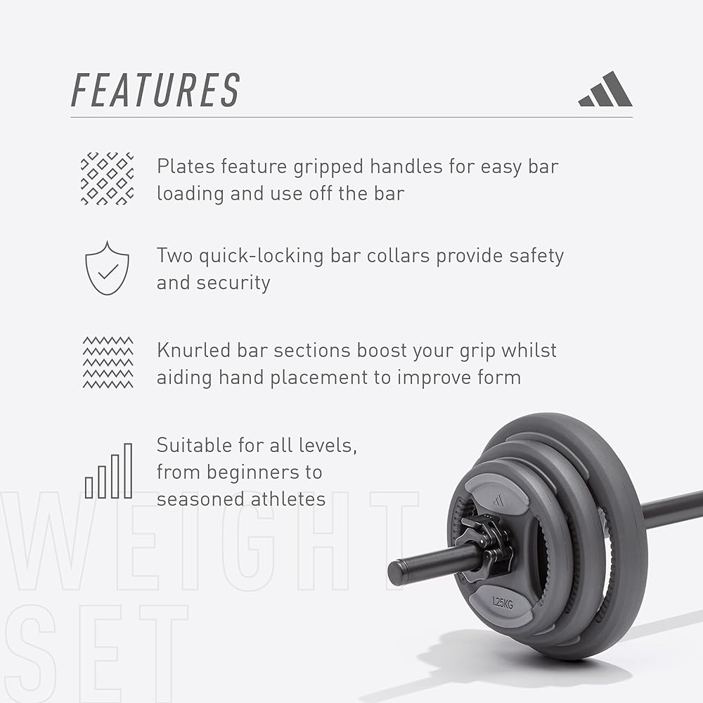 adidas Weight Set 20kg Home Fitness Barbell Set Contents (6 weight plates, 1 weight bar, 2 color clamps) ADWT-11200