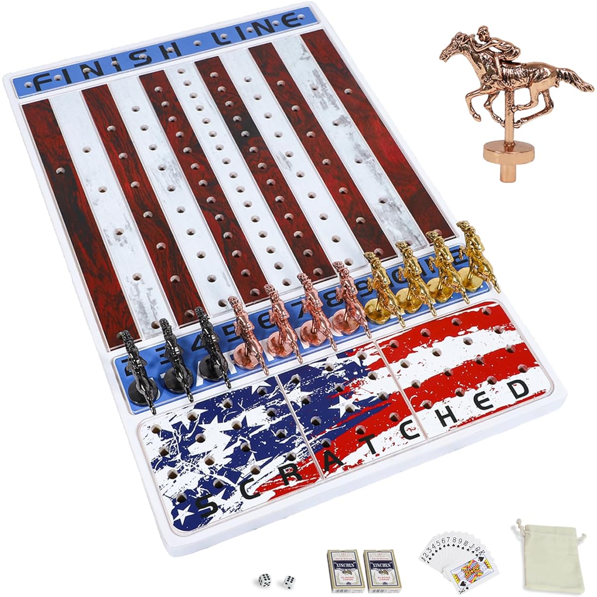 Grhonior Horse Racing Board Game with 11 Luxury Metal Horses, Thick Wooden Game Board with Dice and Cards, LINE Stars and Stripes Horse Racing Game Board