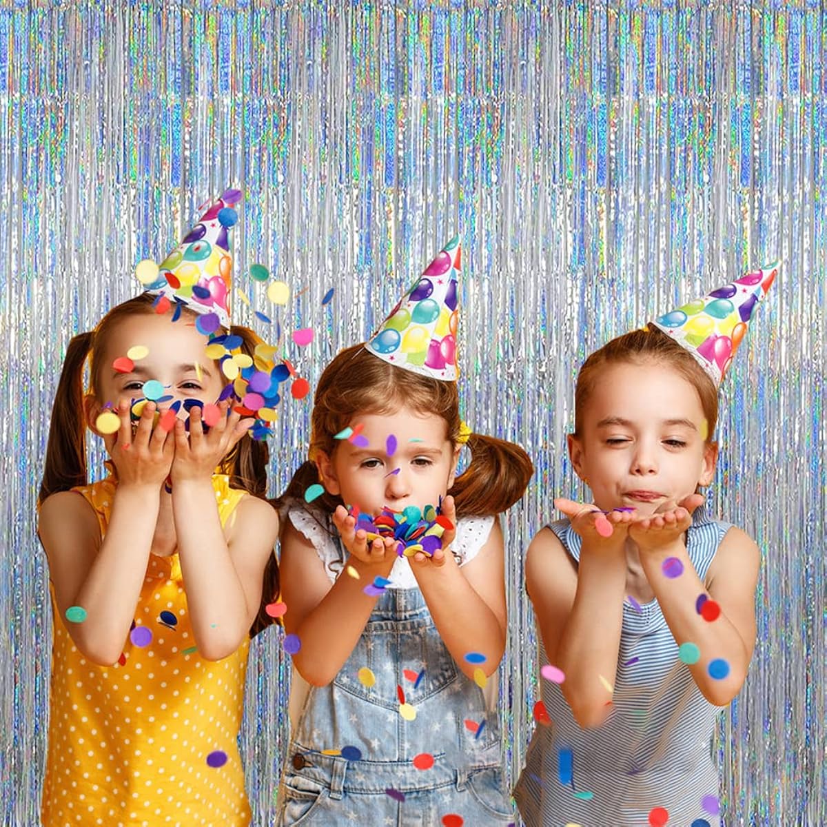 JFWOD 3 Pieces Holographic Silver Foil Fringe Curtains 3.28ft x 8.2ft Metallic Tinsel Door Curtain Photography Backdrop Wedding Birthday Bridal Shower Christmas New Year Party Decorations