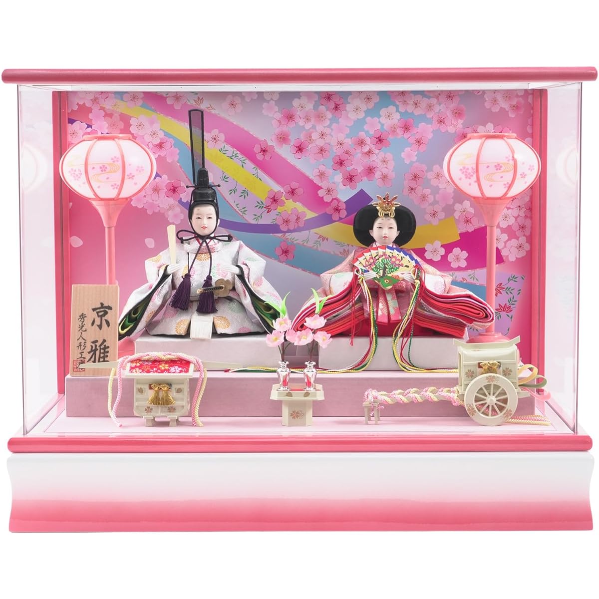 mitsu Doll Workshop Limited product Hina dolls Hina dolls Hina dolls Hina dolls Costumed Prince and princess Case decoration Sakura Noshime Set Compact acrylic case The snow lantern lights up to highlight the dolls Music box included Width 47cm [P86302A]