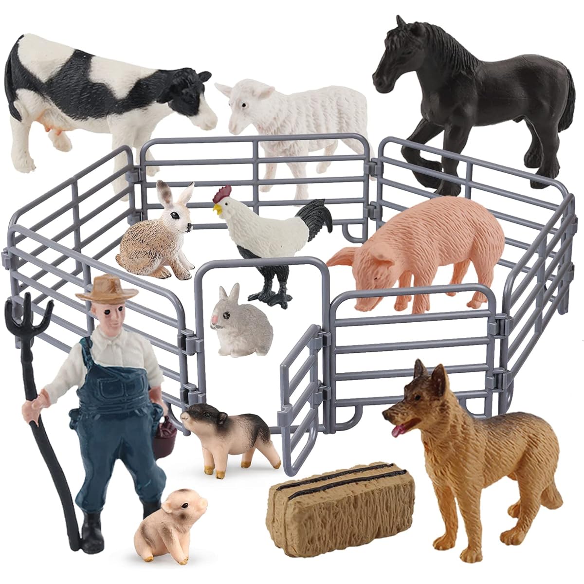 Farm Animal Figurines Toy Playset 18pcs Mini Barn Farm Pig Animal Fence Farmer Figures Toys Desktop Decoration Collection Party Favors Toys for Boys Girls Kids