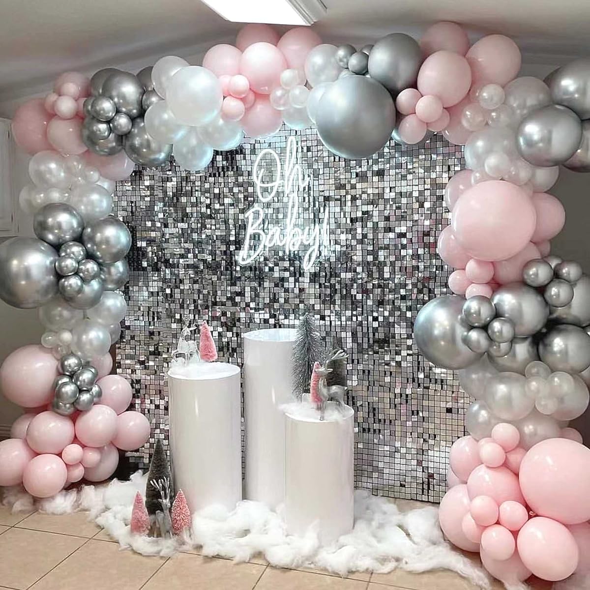 Futureferry Pastel Pink Balloon Garland Kit, 148pcs Pearl White Balloons, Macaron Pink and Metallic Silver Balloon Arch for Girls Baby Shower Birthday Wedding Engagement Anniversary Party Decorations