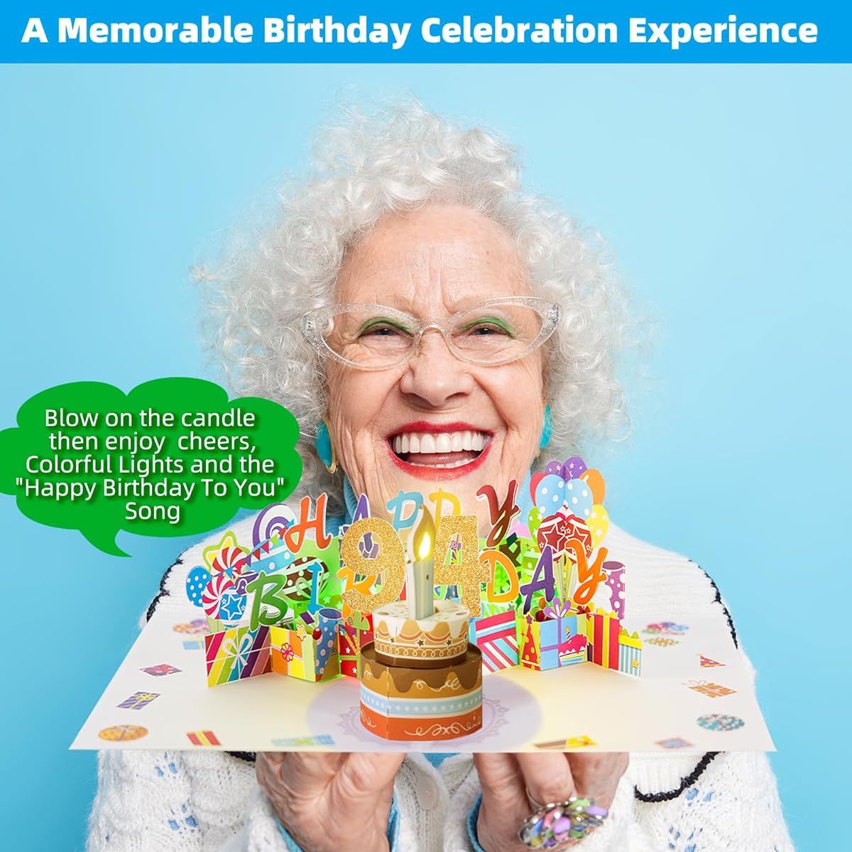 3D Musical 94th Birthday Pop Up Card, 94th Birthday Gift with Fanable LED Light Candle and Happy Birthday Song, Big Birthday Cake Pop Up Greeting Card for 94 Year Old Woman, Grandma, Grandpa, Dad