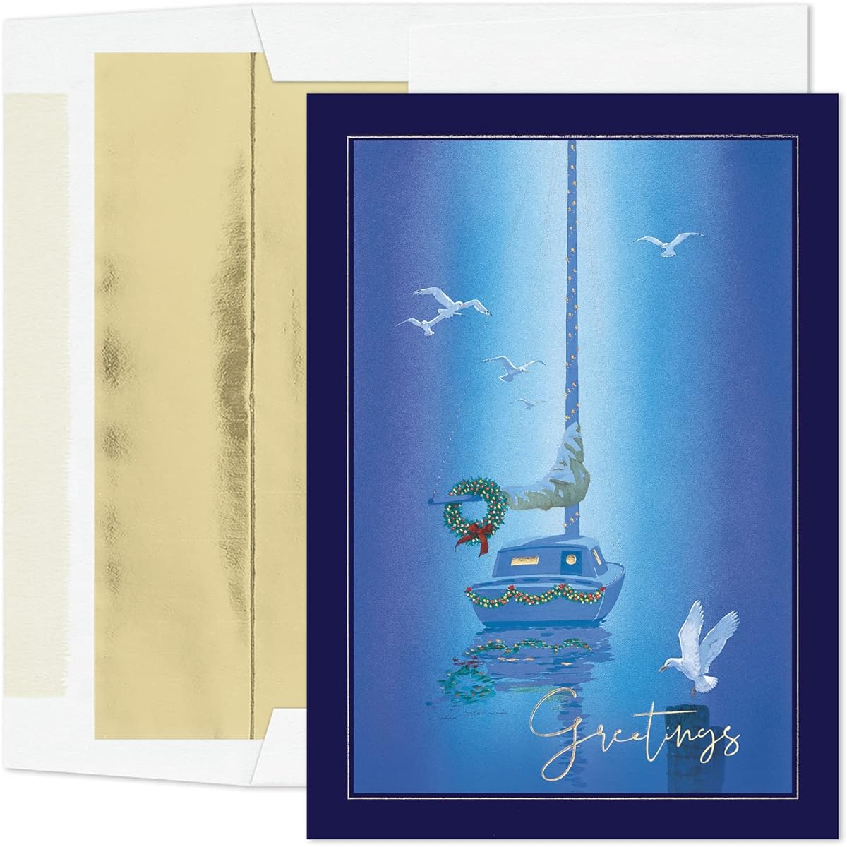 Masterpiece Studios Warmest Wishes Holiday Collection 16 Cards/Foil Lined Envelopes Yacht Wreath 5.6" x 7.8"