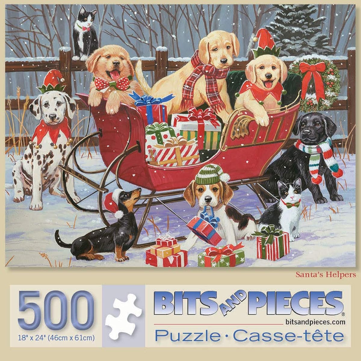 Bits and Pieces - 500 Piece Jigsaw Puzzle for Adults - Puzzle Measures 18" x 24" - Santa's Helpers - 500 Piece Puppy Christmas Sleigh Jigsaw Puzzle by Artist William Vanderdasson