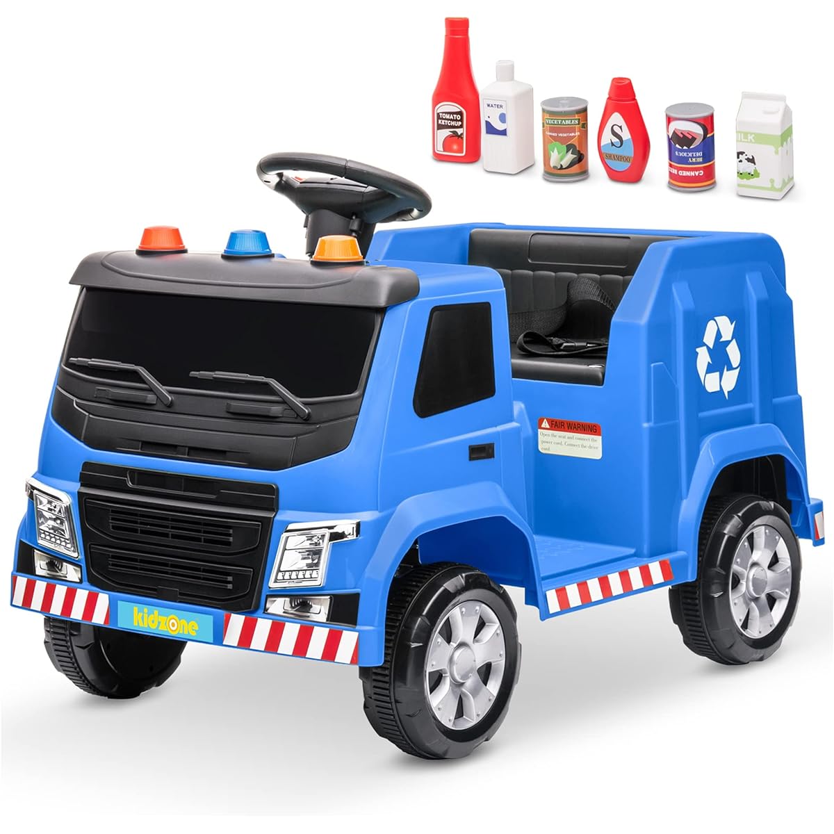 Kidzone 6V Recycling Garbage Truck Motorized Ride-On Toy with LED Lights for Toddlers and Kids Ages 1.5-6, Boys and Girls, Sound Effects, Recycling Accessories Included, Blue