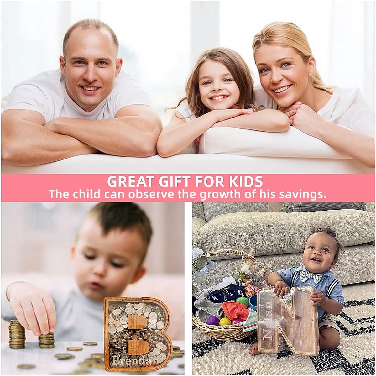 Wooden Piggy Bank with Name Letter Coin Bank Letter Engraved Piggy Bank Wooden Piggy Bank Gift for Kids Christmas Birthday Gift Home Decoration Ornament (E)