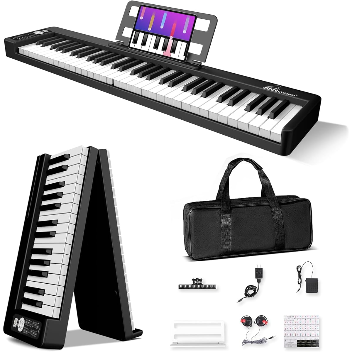 BX-11 Electronic Piano 61 Keys Foldable Speaker External Wireless MIDI Compatible Foldable Portable (Black)