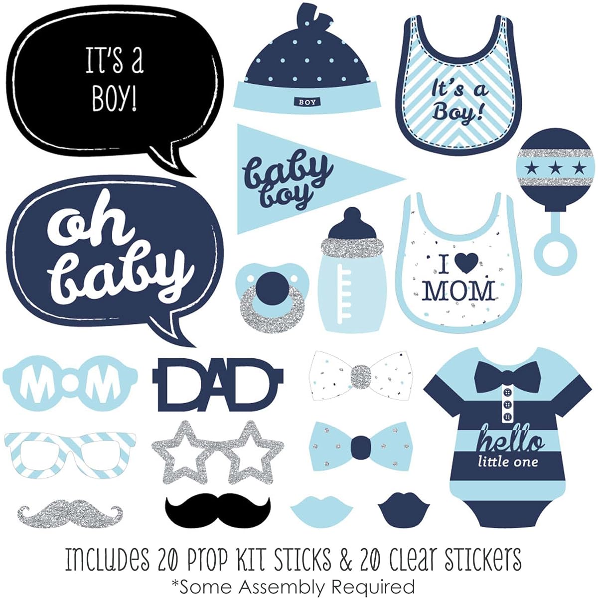 Hello Little One - Blue and Silver - Boy Baby Shower Photo Booth Props Kit - 20 Count