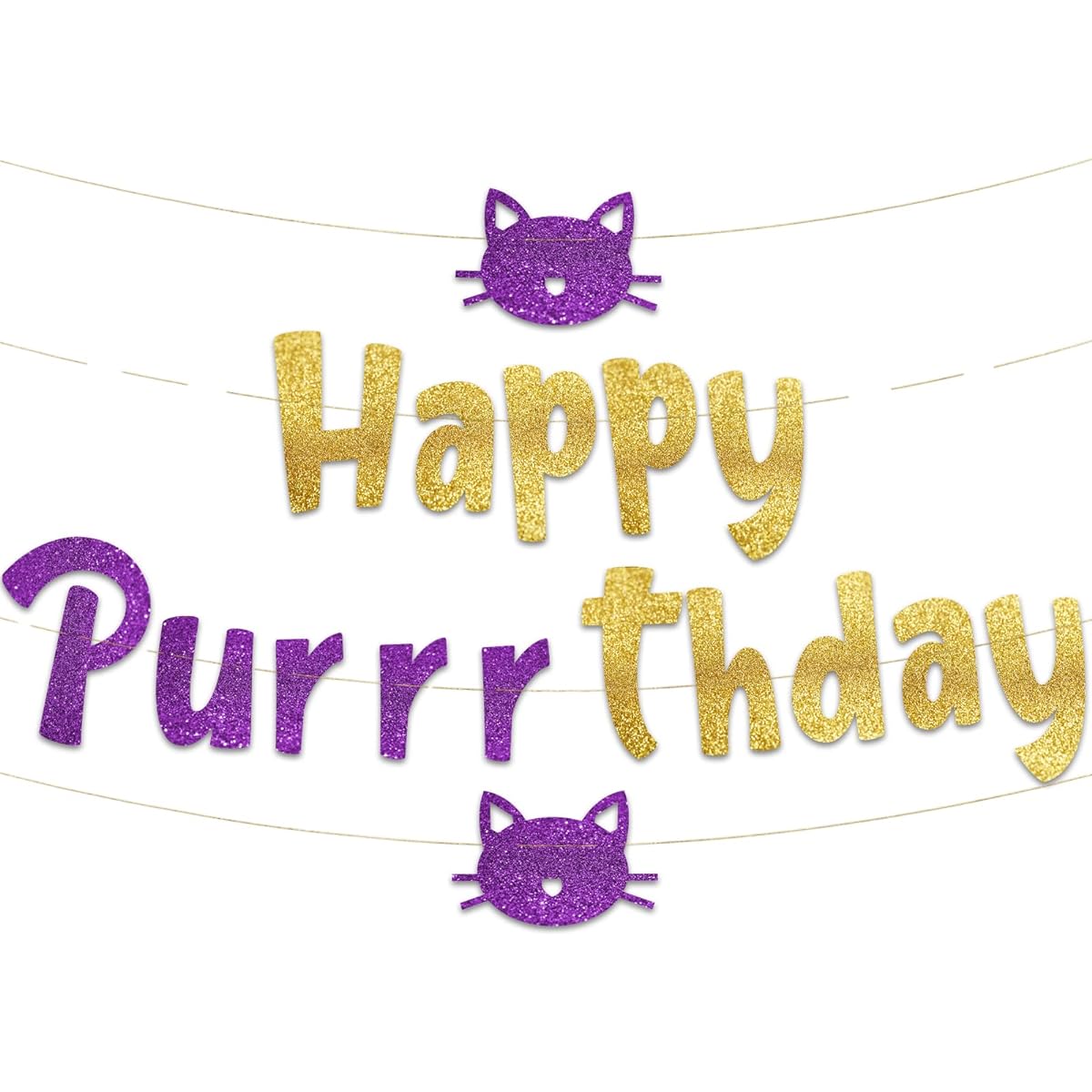 Happy Purrrthday Glitter Banner - Cat Birthday Banner and Decorations - Funny Kitten Birthday Party Supplies and Gifts