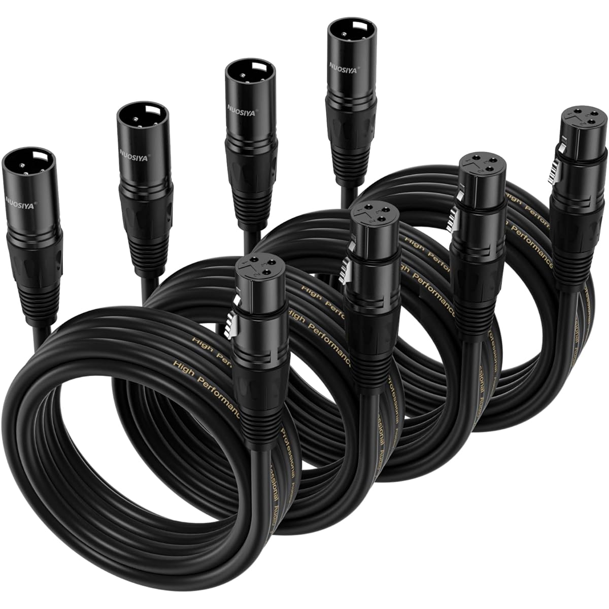 NUOSIYA XLR Cable 20ft 4 Pack Microphone Cable Premium Balanced Mic Speaker Cable with 3 Pin XLR Male to Female DMX Cable Black
