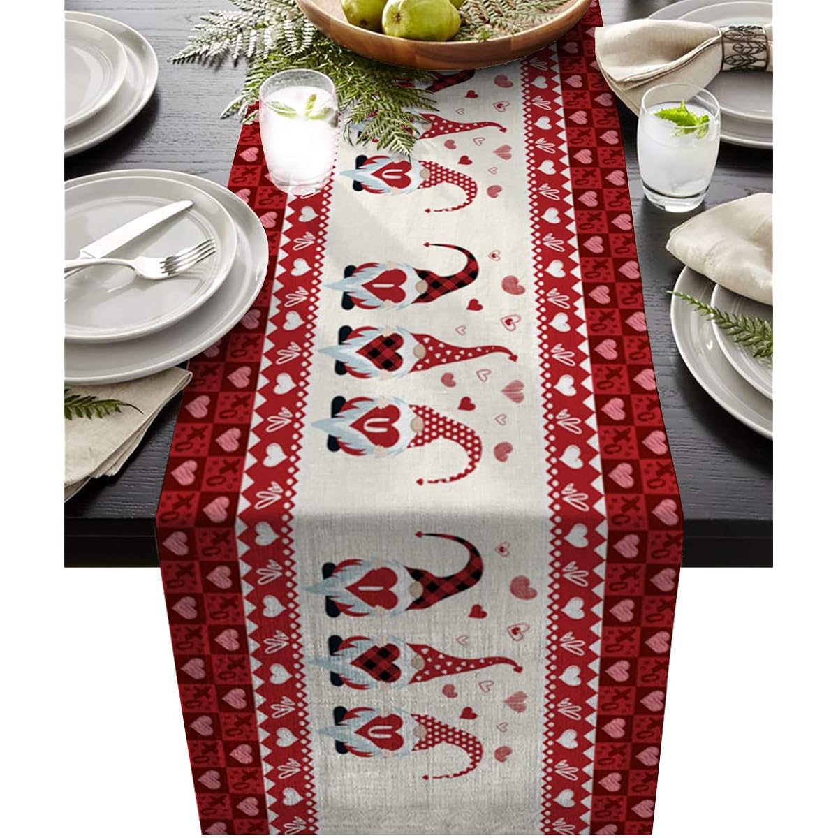 Libaoge Coffee Table Runner 13 x 102 inches long Valentine's Day I Love You Gnomes Burlap Table Runner Home Decor Craft for Family Dinners, Parties, Holiday Gatherings