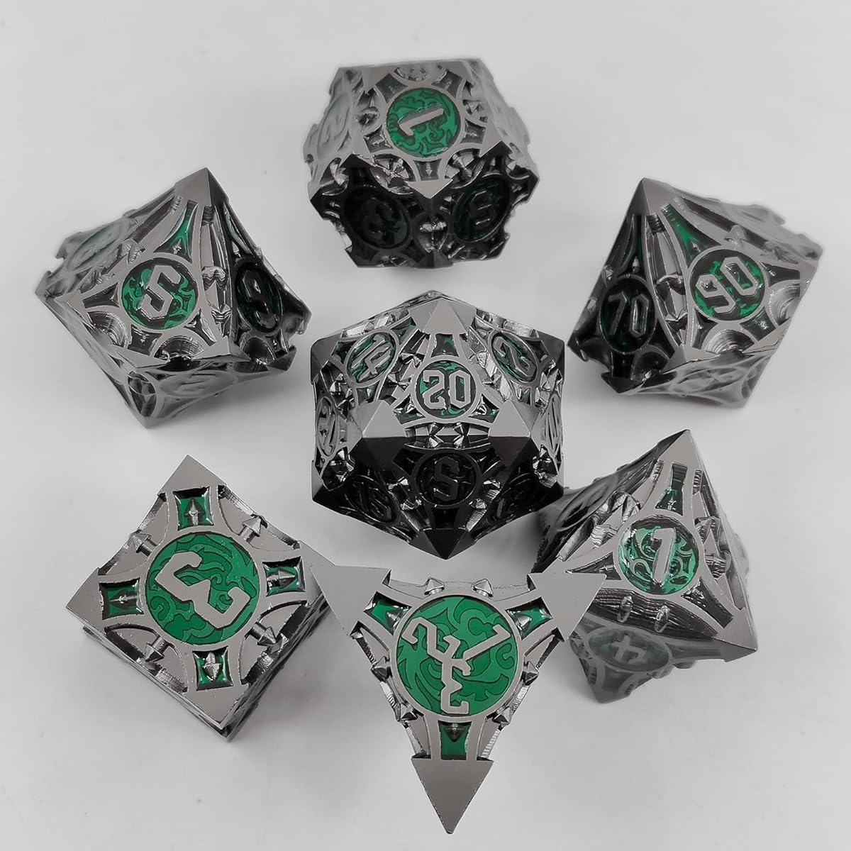 WZLHJRAR DND Dice Set - Metal D&DRPG Dice Set Dungeons and Dragons Polyhedral Metal Dice Tabletop Game Dice Accessories D4 D6 D8 D10 D10% D12 D20 Dice Set Black Leather Storage Bag - Black and Green