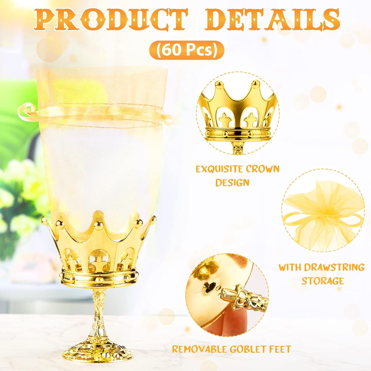 60pcs Fillable Crown Goblets with Pouches Bulk Party Favors Crowns Candy Chocolate Cake Dessert Storage Box Crowns Birthday Supplies Table Centerpieces Decorations for Princess Baby Shower Party (Gold)