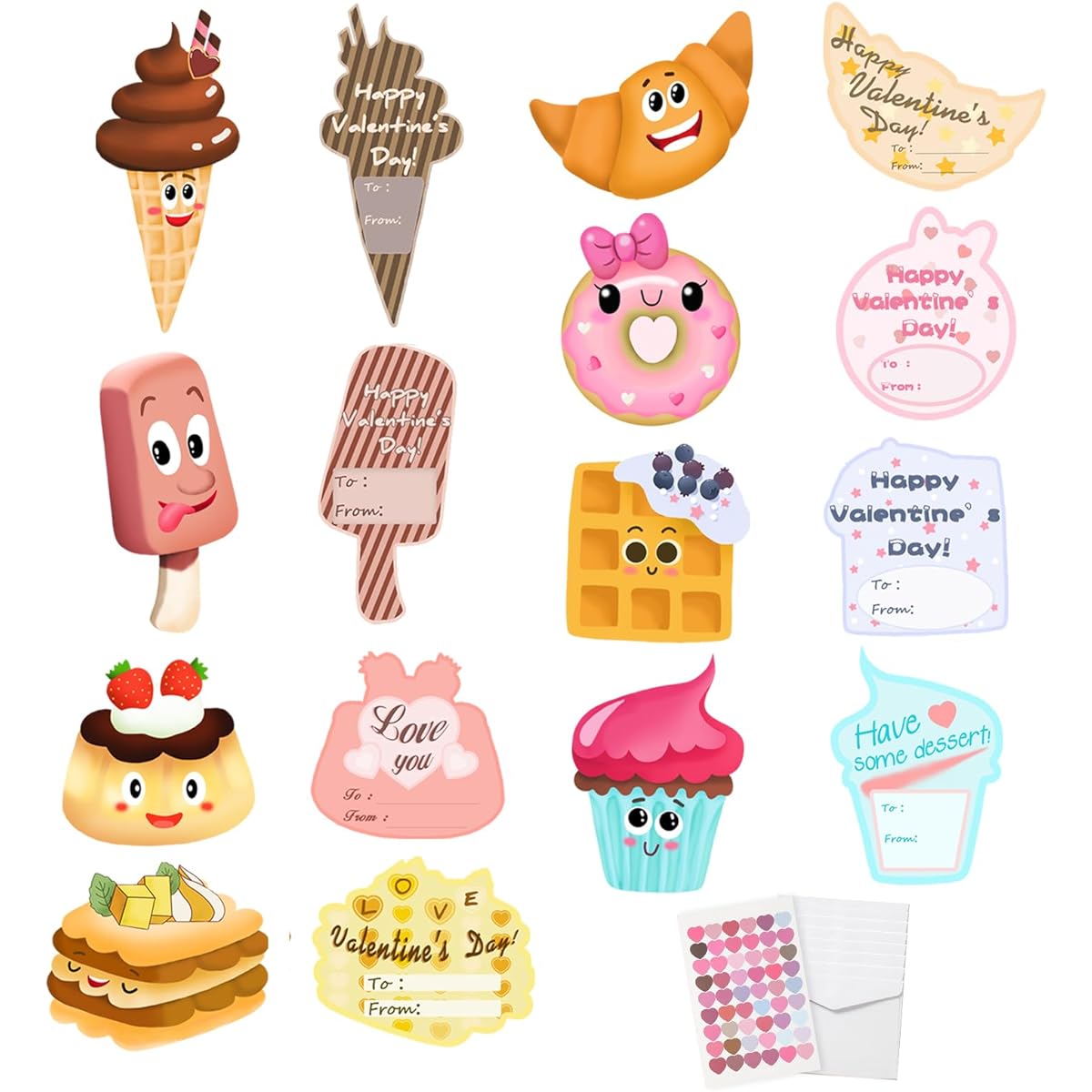 Hombae Valentine's Day Cards for Kids, 32 Dessert Cards with Sticker Envelopes for Class Events School Valentine Party Greeting Card Valentine Exchange Gift for Boys Girls School Classroom
