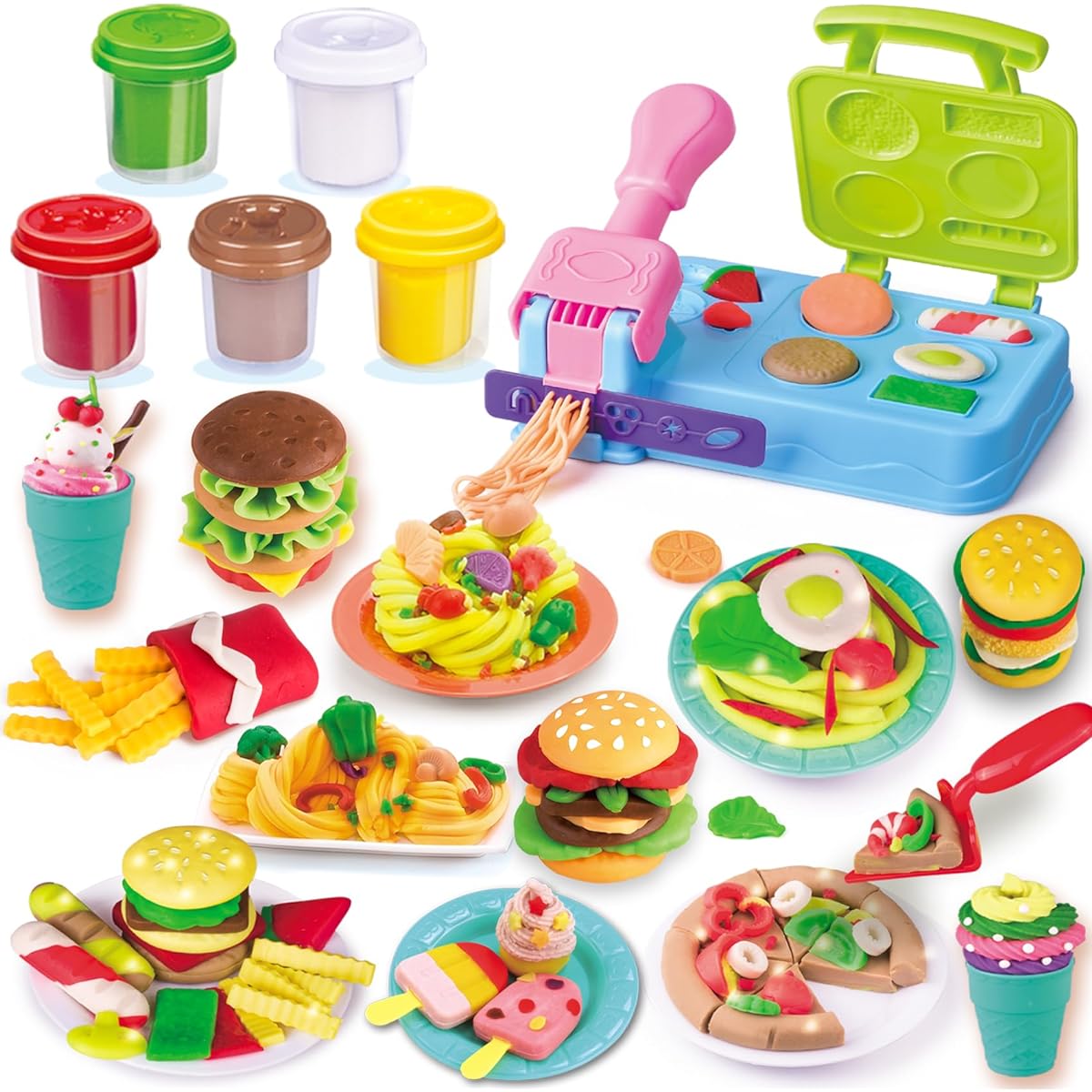 HASAYAQI Kitchen Creations Ice Cream Burger BBQ Noodle Party Playset Play Dough Set for Kids 4-8 Years Old Preschool Kitchen Grill Cooking Set for 2-4 Years Old Kids Gift for Boys & Girls