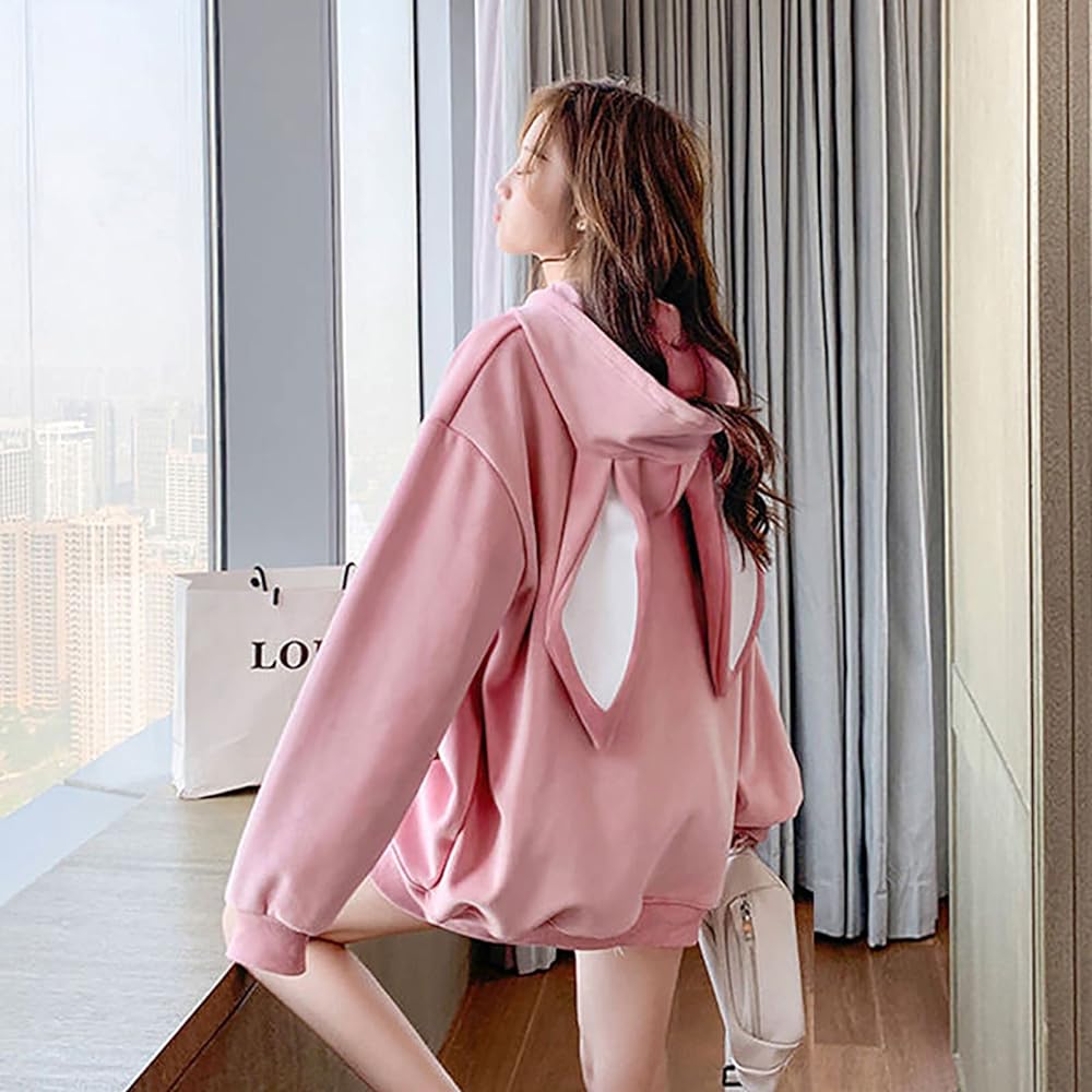 [YOMORIO] Rabbit Ears Hoodie, Women's, Fleece Lined Hoodie, Rabbit Ears, Drooping Ears, Hood, Hoodie, Plain, Jersey, Long Parka, Cute, Loose, 3 Colors