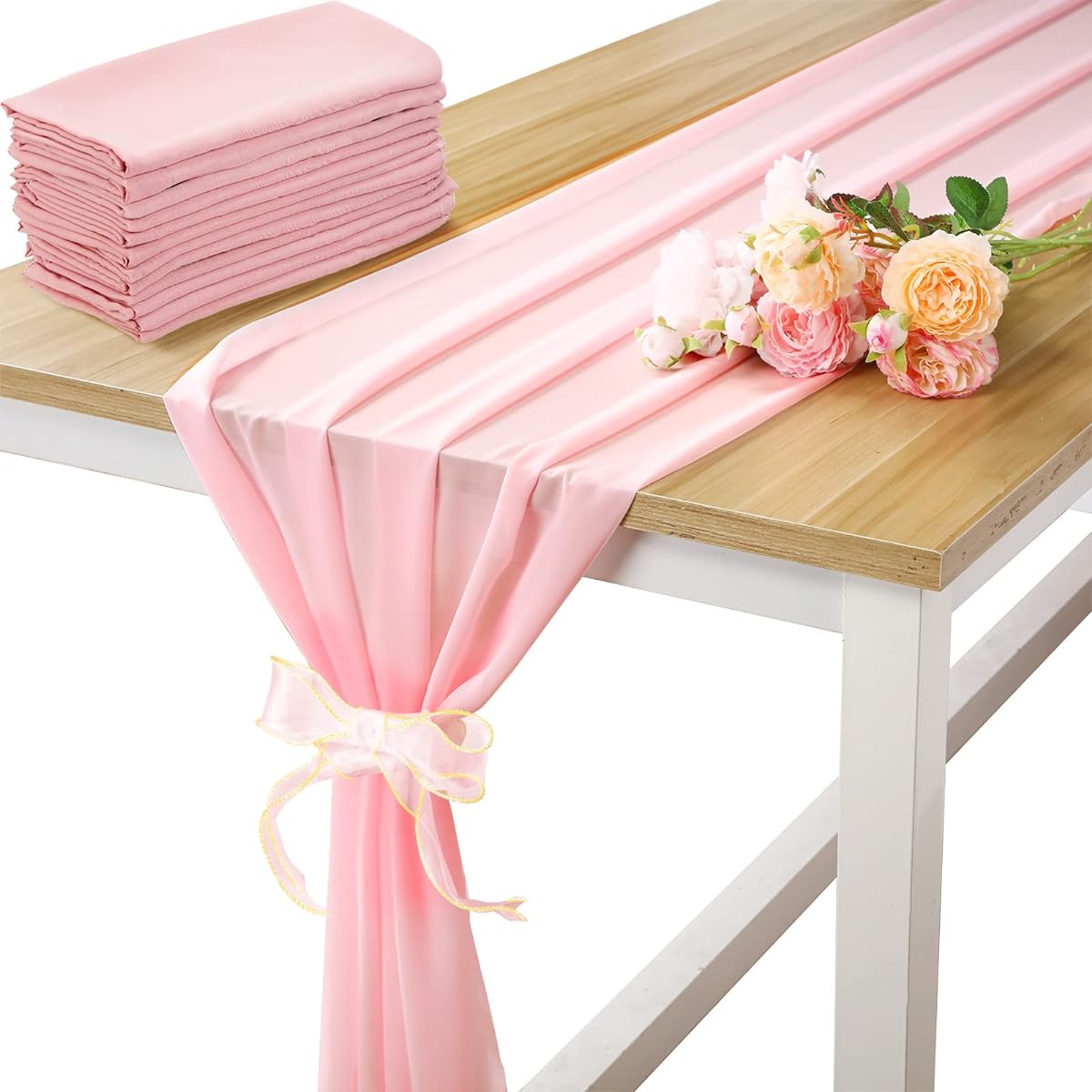 10ft Chiffon Table Runner 28 x 120 Inch Brushed Sheer Table Runner Romantic Rustic Boho Wedding Decoration Shower Birthday Party Cake Table Decoration with Ribbon Ties (Pink, 16)