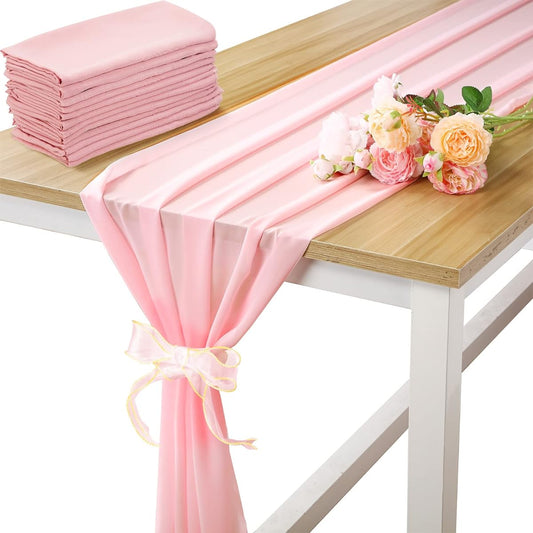 10ft Chiffon Table Runner 28 x 120 Inch Brushed Sheer Table Runner Romantic Rustic Boho Wedding Decoration Shower Birthday Party Cake Table Decoration with Ribbon Ties (Pink, 16)