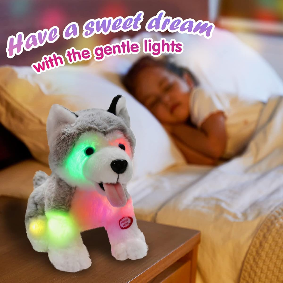 Athoinsu Light Up Plush Husky Puppy Soft Stuffed Animal with Magic LED Night Light for Birthday Toddler Kids 8 Inch