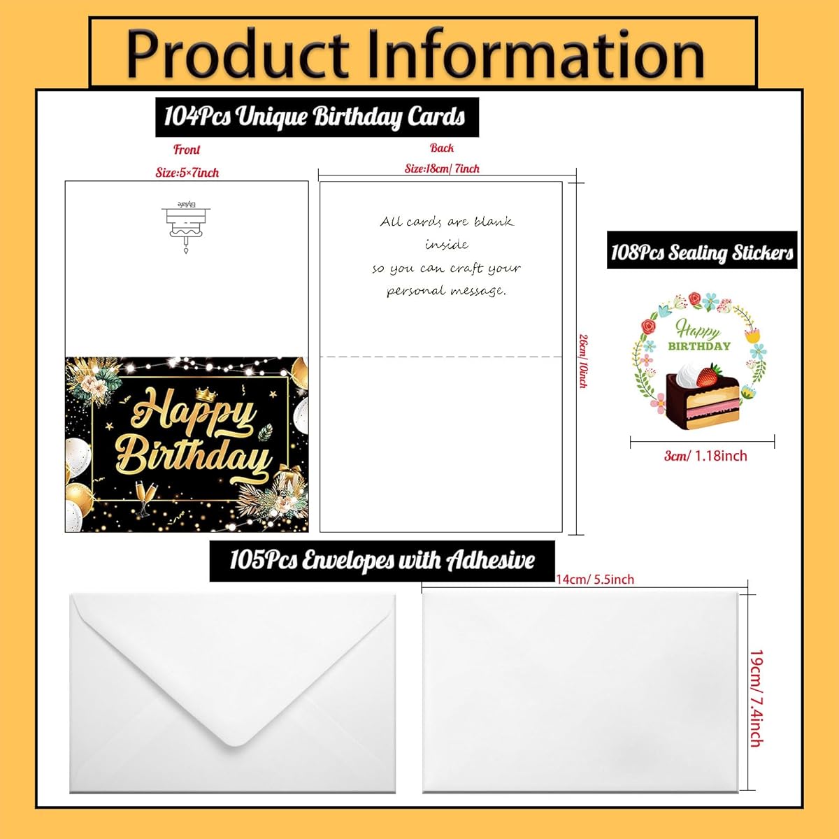 104 Uniquely Designed Birthday Cards 5 x 7 Inch Happy Birthday Cards with Bulk Blank Messages, Envelopes and Stickers, Birthday Greeting Cards in Bulk Durable Box Set for Kids Men Women Seniors (104 Sets)