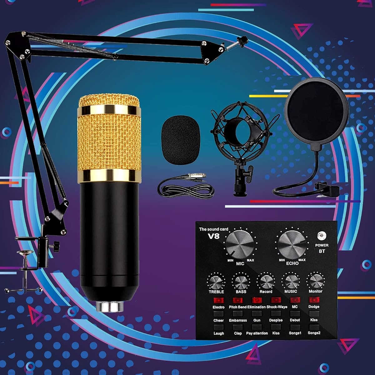 Condenser Microphone Pack, Unidirectional Microphone Stand, Microphone Kit with Live Sound Card, Adjustable Microphone Suspension Clipping Arm, Metal Shock Mount, Double Pop Filter Vocal Microphone