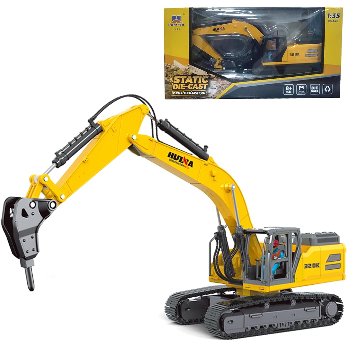 Gemini&Genius Drill Excavator Toy Demolition Machinery Car Construction Vehicle Toys 1/35 Scale Diecast Impact Hammer Engineering Truck Alloy Model Toys for Kids