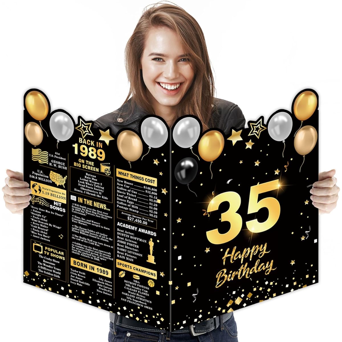 35th Birthday Large Greeting Cards Happy Birthday Giant Guest Book Birthday Card Big Happy Birthday Card Extra Large Plastic Card for Women Men Friends Colleagues Family Couples Black Gold Theme Party